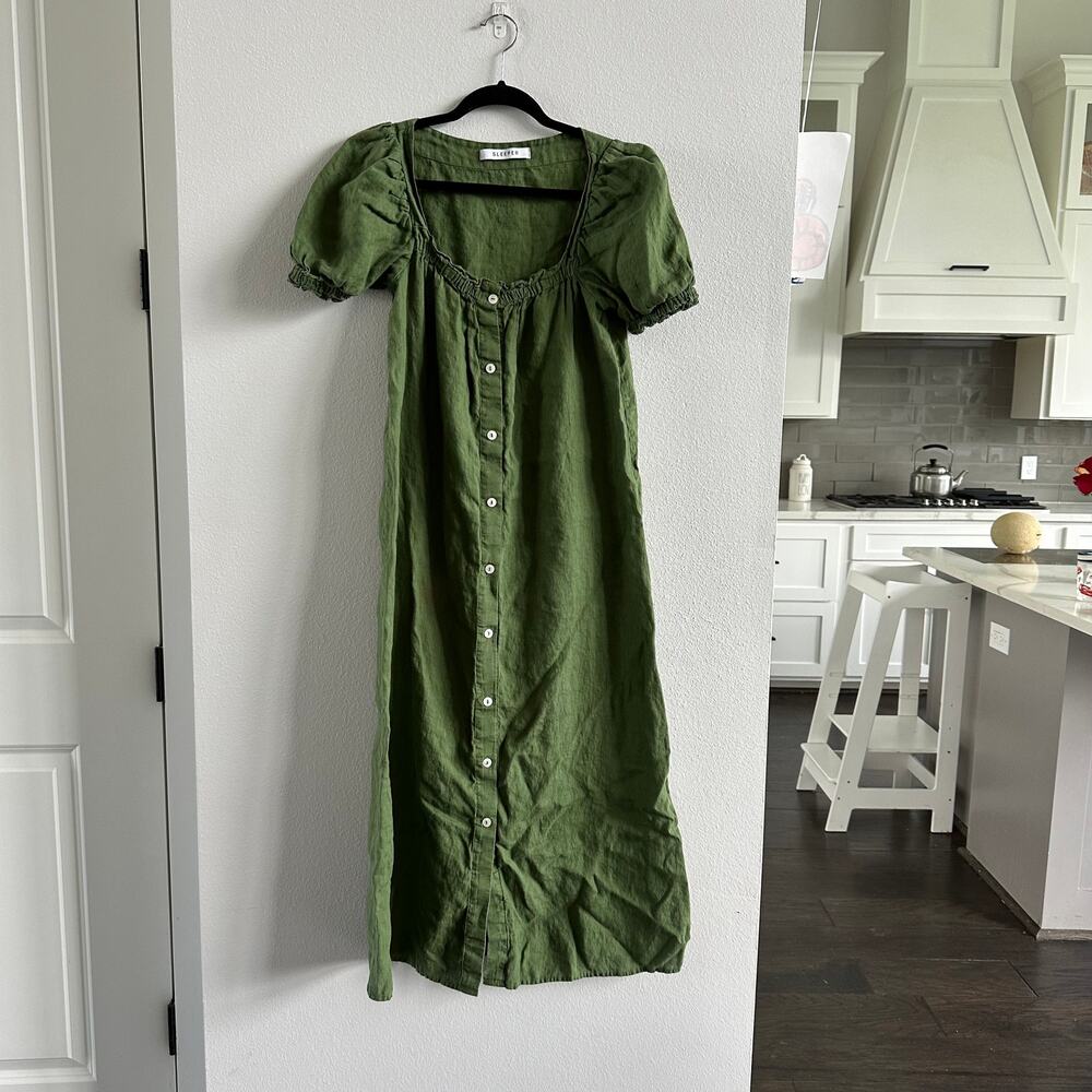 SLEEPER Brigitte Button Down Olive Green Midi Dress in Size Small